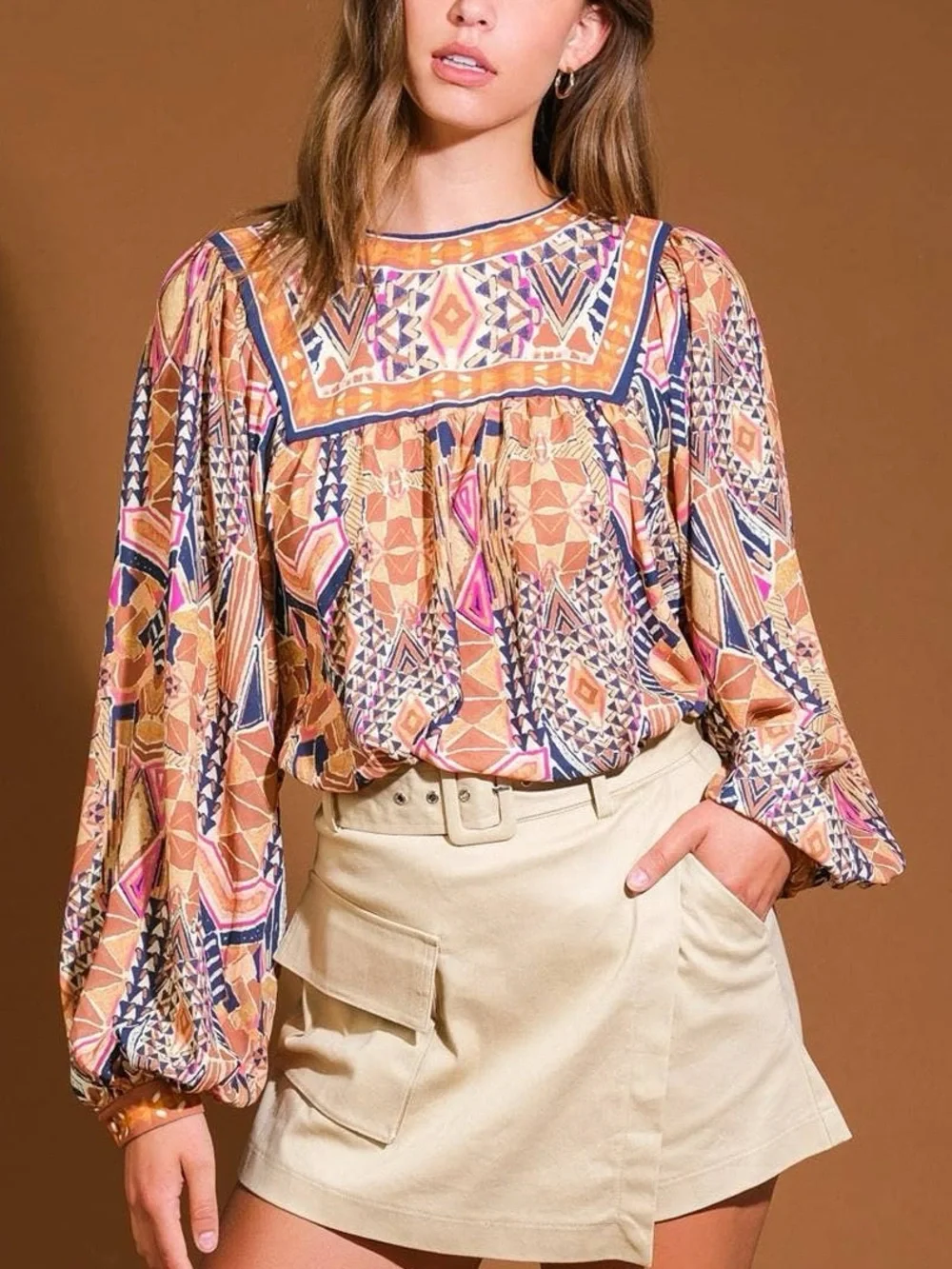 Flying tomato Printed Puff-Sleeve Boho Blouse in Orange & Pink size large - Picture 4 of 14
